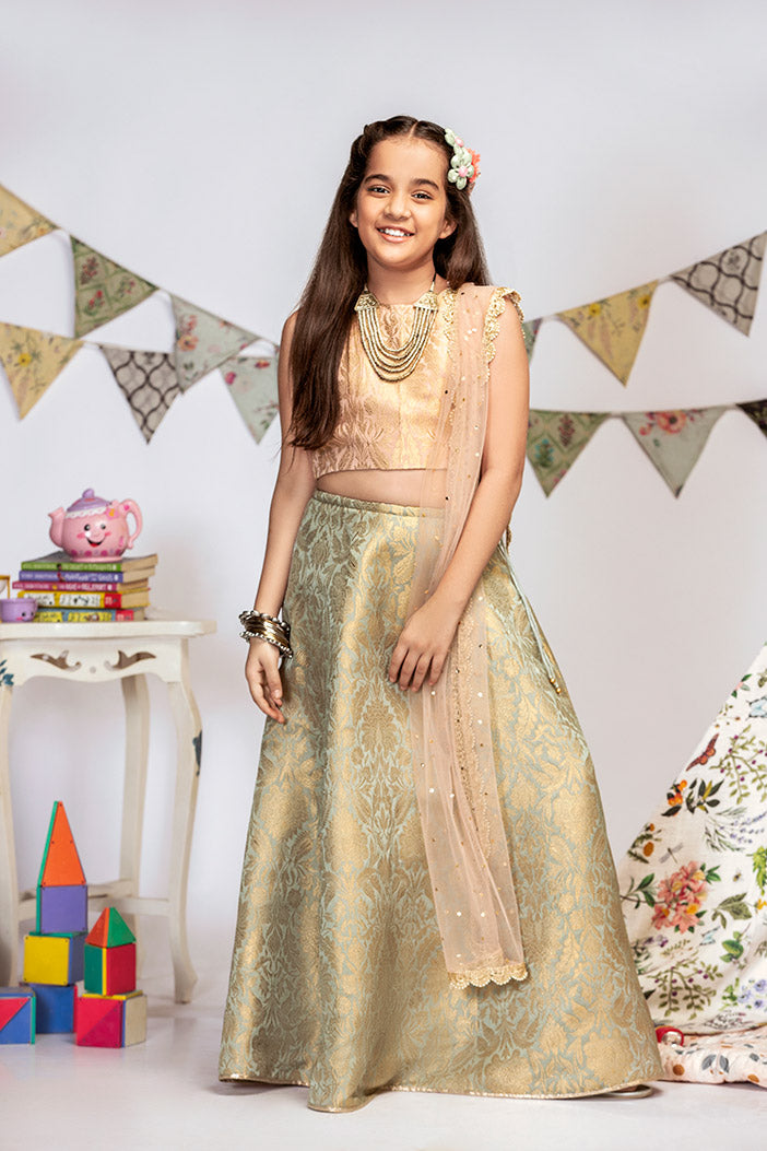 Blush Brocade Choli with Mint Brocade Lehenga and Blush Mukaish Net Dupatta