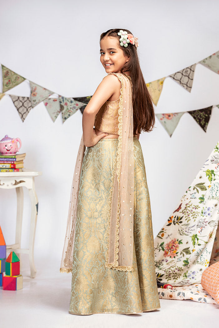 Blush Brocade Choli with Mint Brocade Lehenga and Blush Mukaish Net Dupatta