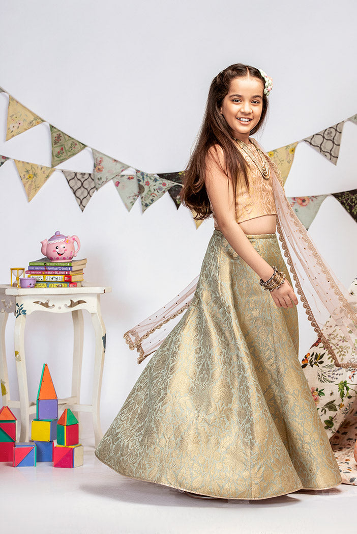 Blush Brocade Choli with Mint Brocade Lehenga and Blush Mukaish Net Dupatta