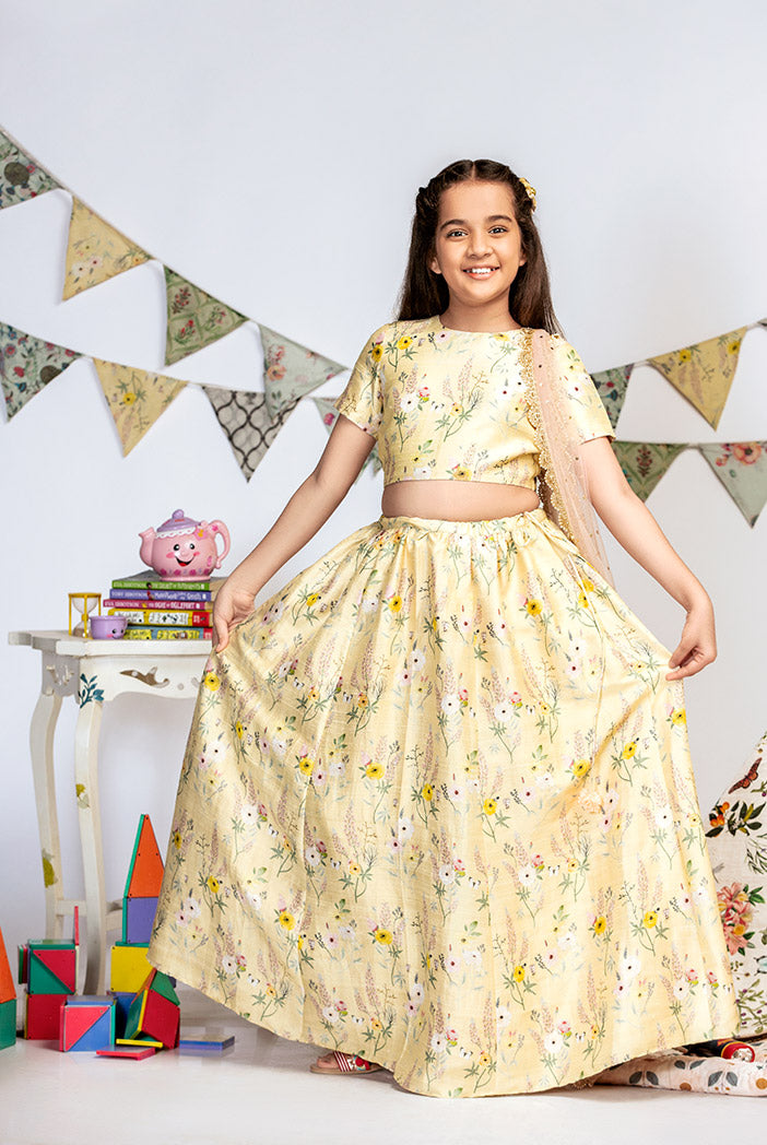 Pale Yellow Printed Dupion Silk Choli with Lehenga and Rose Pink Mukaish Net Dupatta