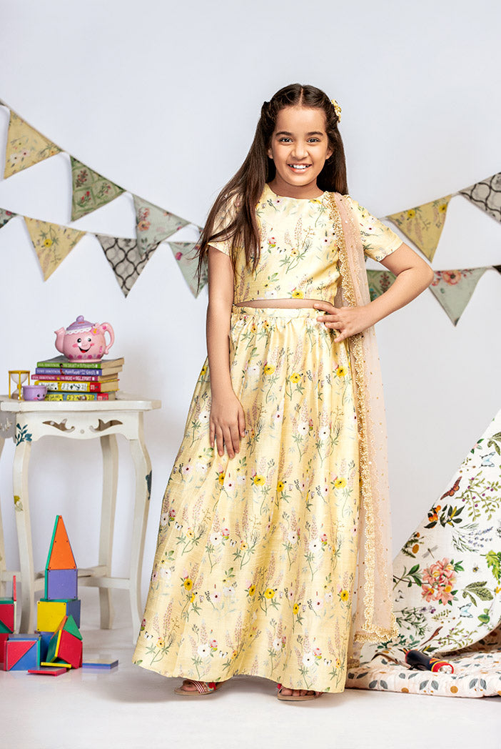 Pale Yellow Printed Dupion Silk Choli with Lehenga and Rose Pink Mukaish Net Dupatta