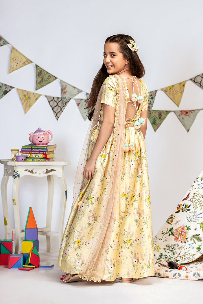 Pale Yellow Printed Dupion Silk Choli with Lehenga and Rose Pink Mukaish Net Dupatta