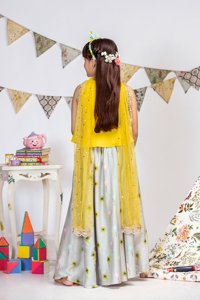 Yellow Crepe Top with Grey printed Silkmul Lehenga and Yellow Net Dupatta