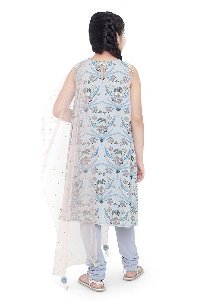 PS Kids Powder Blue Colour Printed Art Georgette Kigh Low Kurta with Pale Blue Colour Soft Net Churidar and Blush Colour Net Dupatta for Girls