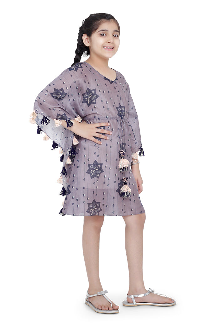 PS Kids Purple Colour Printed Silkmul Kaftan for Girls