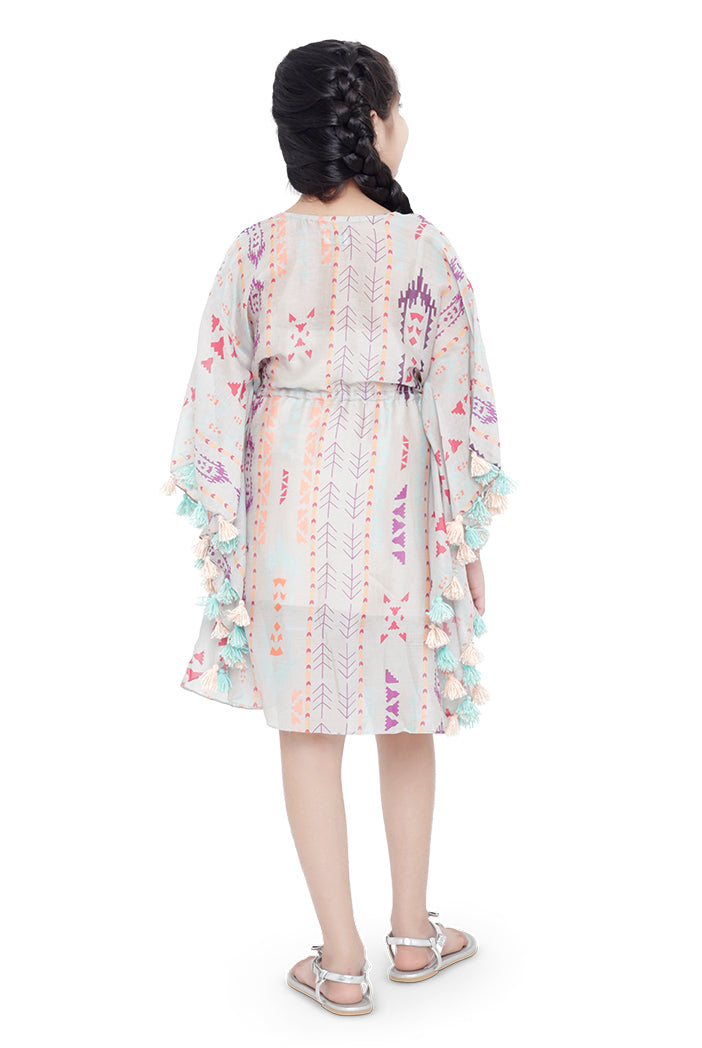 PS Kids Grey Colour Printed Silkmul Kaftan for Girls