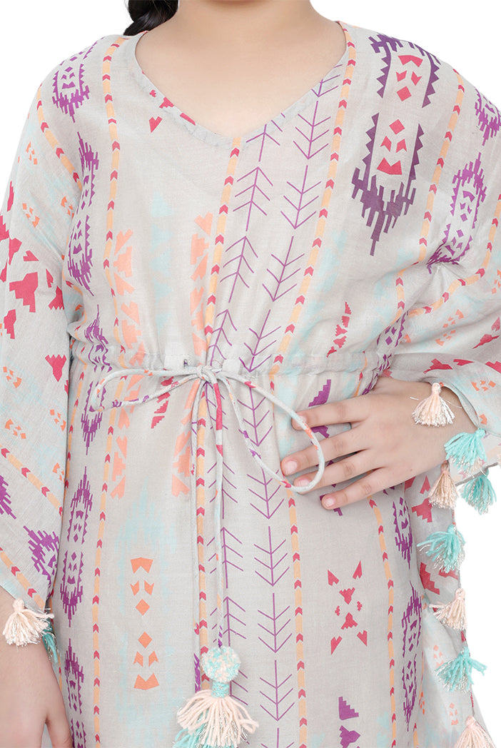 PS Kids Grey Colour Printed Silkmul Kaftan for Girls
