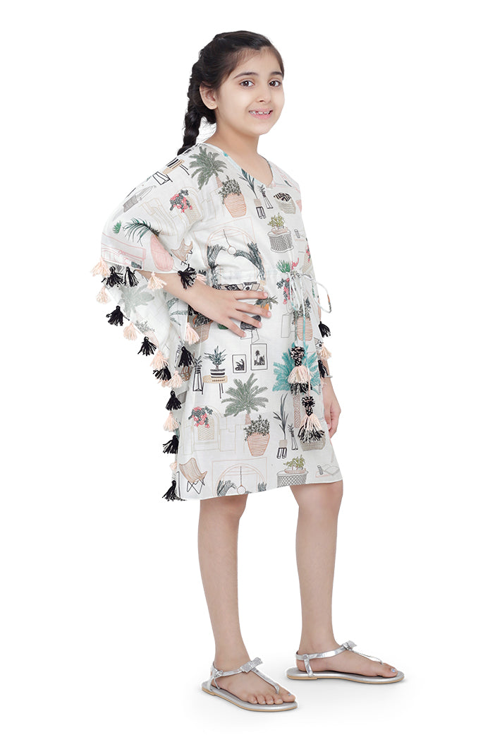 PS Kids White Colour Printed Silkmul Kaftan for Girls