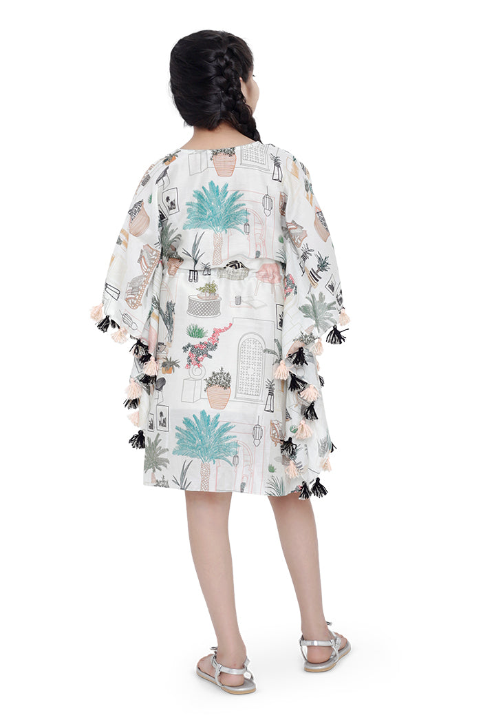 PS Kids White Colour Printed Silkmul Kaftan for Girls