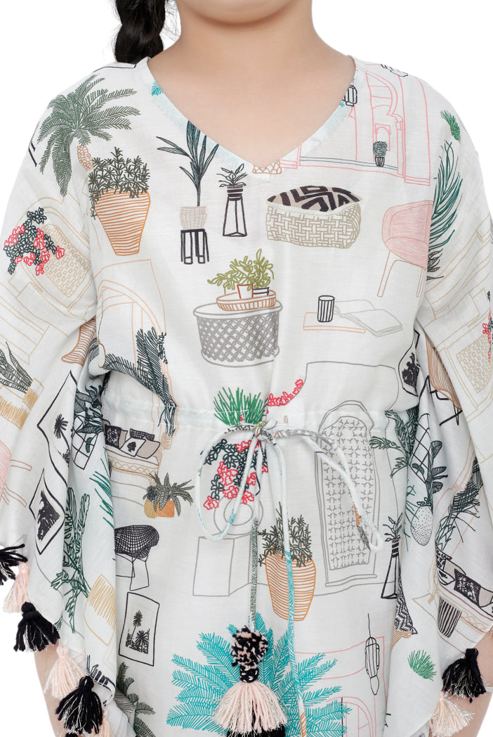 PS Kids White Colour Printed Silkmul Kaftan for Girls