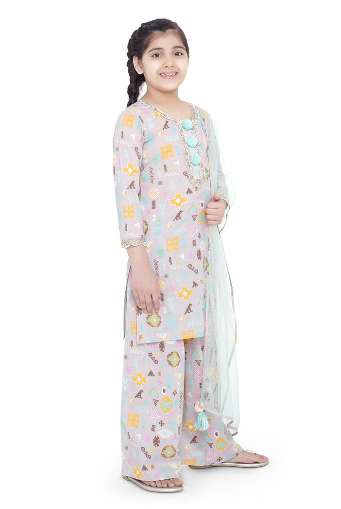 PS Kids Lavender Colour Printed Cotton Kurta with Palazzo and Aqua Colour Net Dupatta for Girls