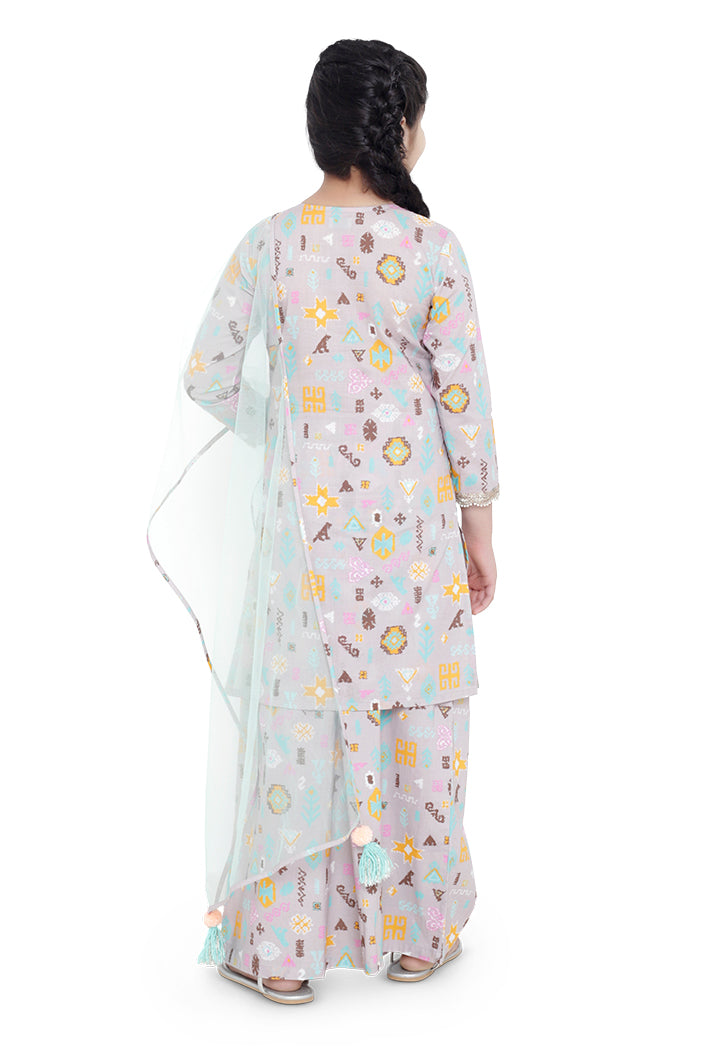 PS Kids Lavender Colour Printed Cotton Kurta with Palazzo and Aqua Colour Net Dupatta for Girls
