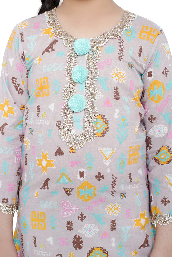 PS Kids Lavender Colour Printed Cotton Kurta with Palazzo and Aqua Colour Net Dupatta for Girls