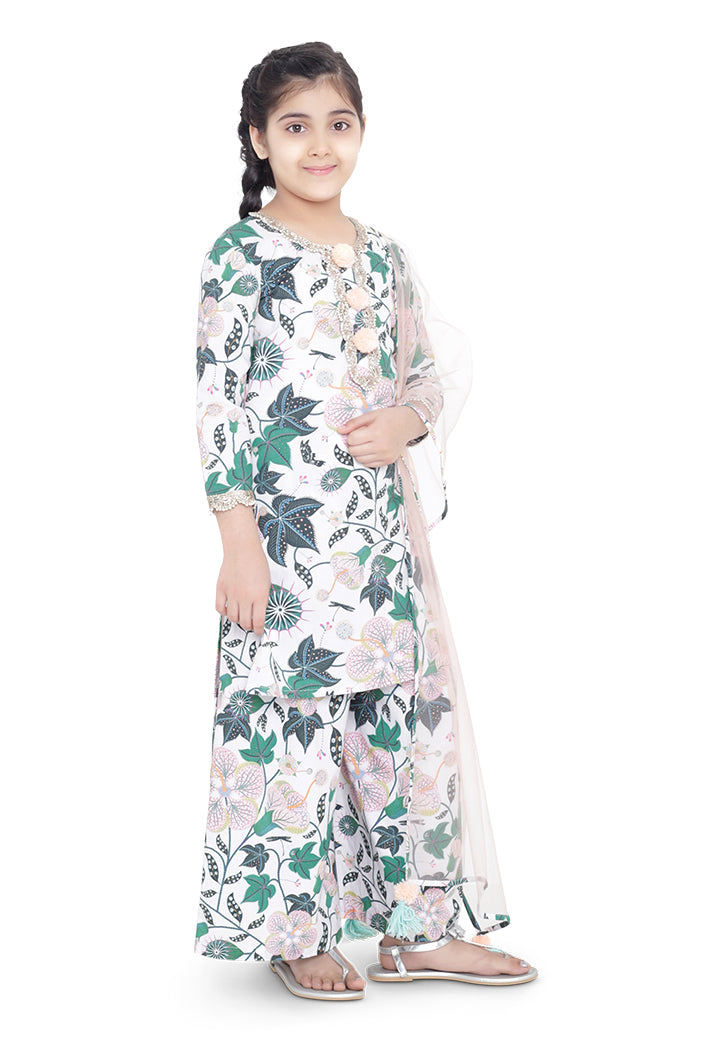 PS Kids White Colour Printed Cotton Kurta with Palazzo and Blush Colour Net Dupatta for Girls