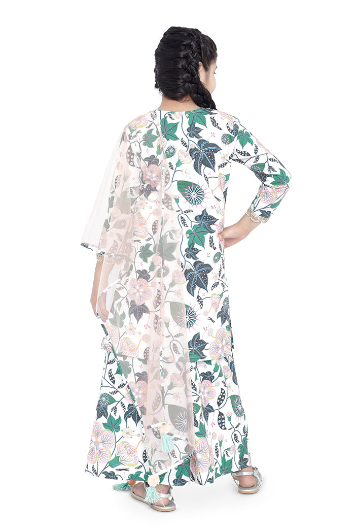PS Kids White Colour Printed Cotton Kurta with Palazzo and Blush Colour Net Dupatta for Girls