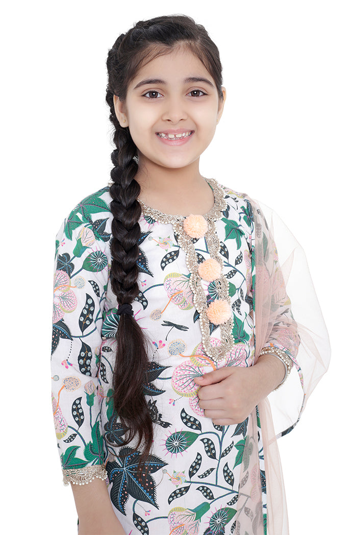 PS Kids White Colour Printed Cotton Kurta with Palazzo and Blush Colour Net Dupatta for Girls