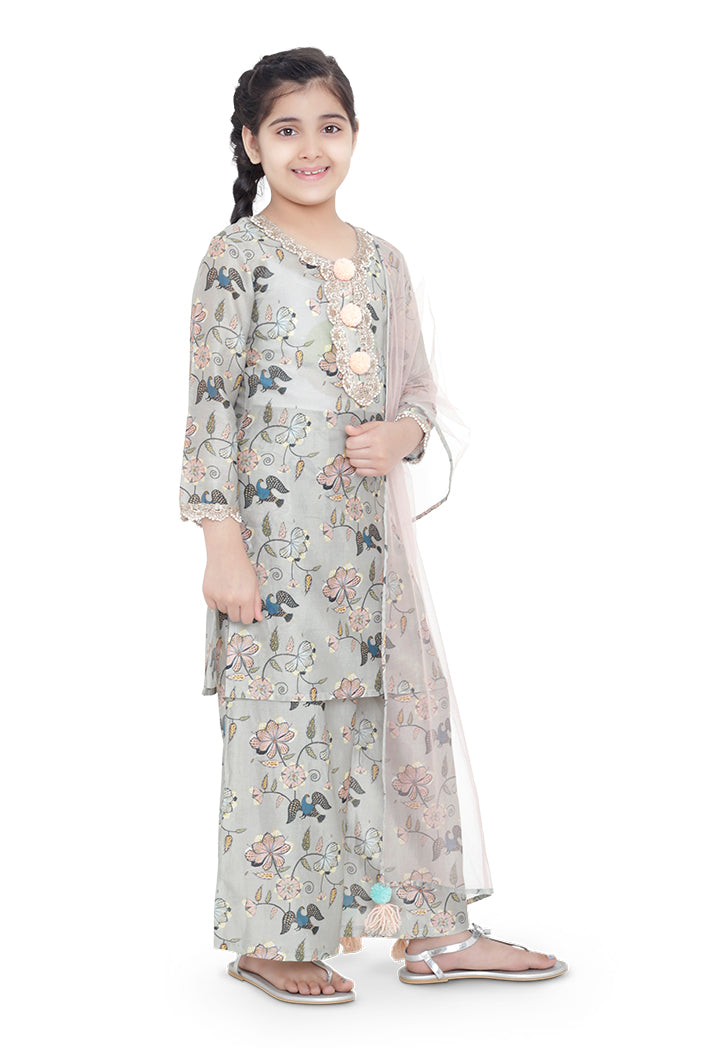 PS Kids Mint Colour Printed Cotton Kurta with Palazzo and Blush Colour Net Dupatta for Girls