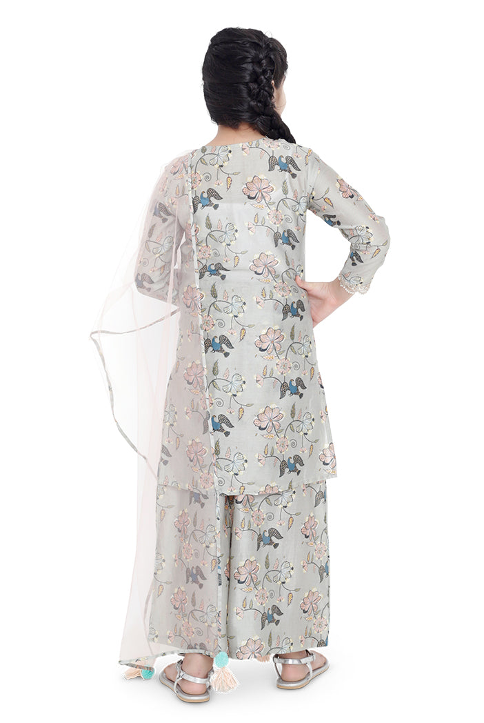PS Kids Mint Colour Printed Cotton Kurta with Palazzo and Blush Colour Net Dupatta for Girls
