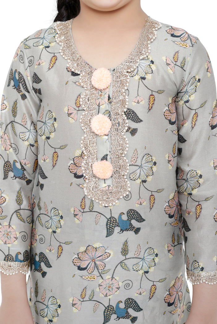 PS Kids Mint Colour Printed Cotton Kurta with Palazzo and Blush Colour Net Dupatta for Girls