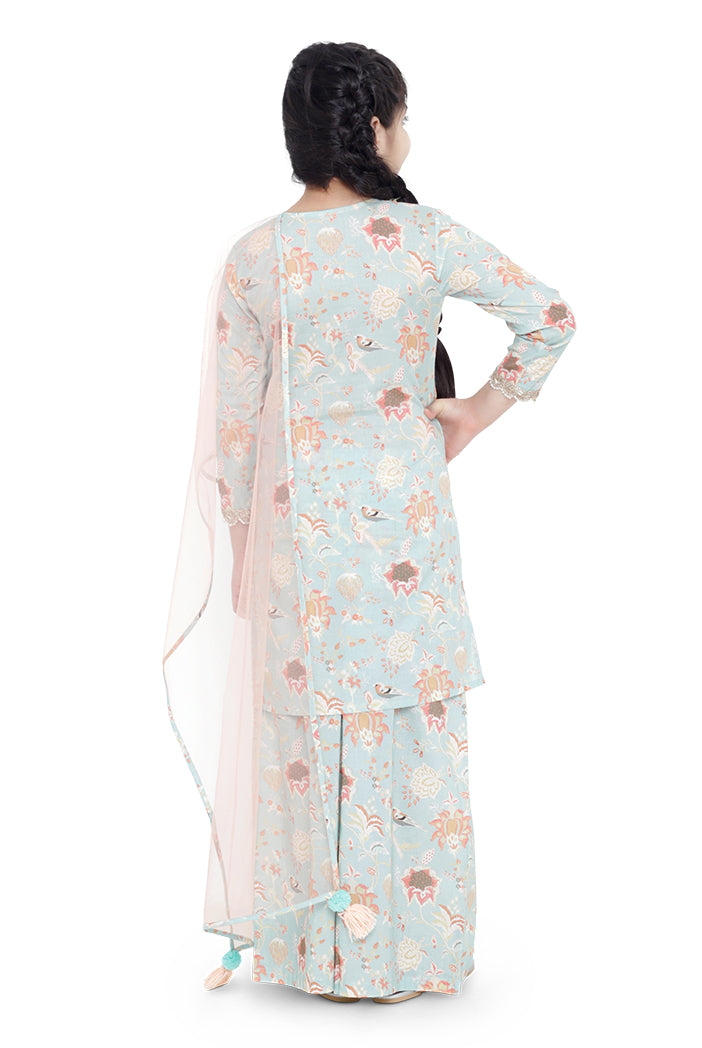 PS Kids Aqua Colour Printed Cotton Kurta with Palazzo and Blush Colour Net Dupatta for Girls