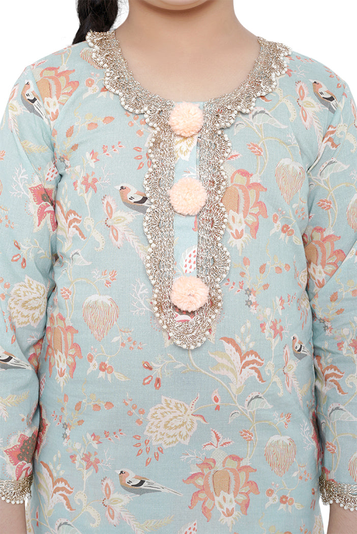 PS Kids Aqua Colour Printed Cotton Kurta with Palazzo and Blush Colour Net Dupatta for Girls