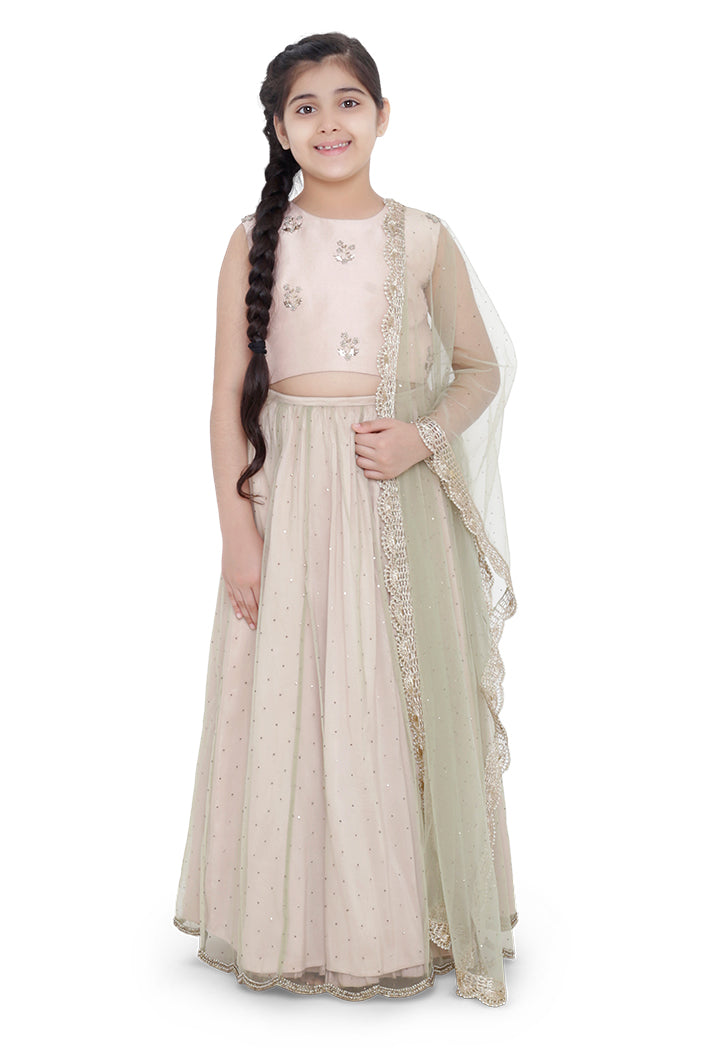 PS KIDS BLUSH COLOUR SILK EMBROIDERED CHOLI WITH BLUSH COLOUR SILK LEHENGA AND MINT COLOUR NET DUPATTA FOR GIRLS