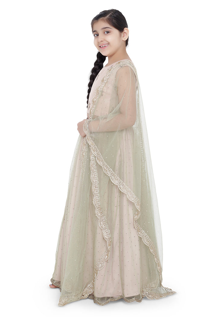 PS KIDS BLUSH COLOUR SILK EMBROIDERED CHOLI WITH BLUSH COLOUR SILK LEHENGA AND MINT COLOUR NET DUPATTA FOR GIRLS
