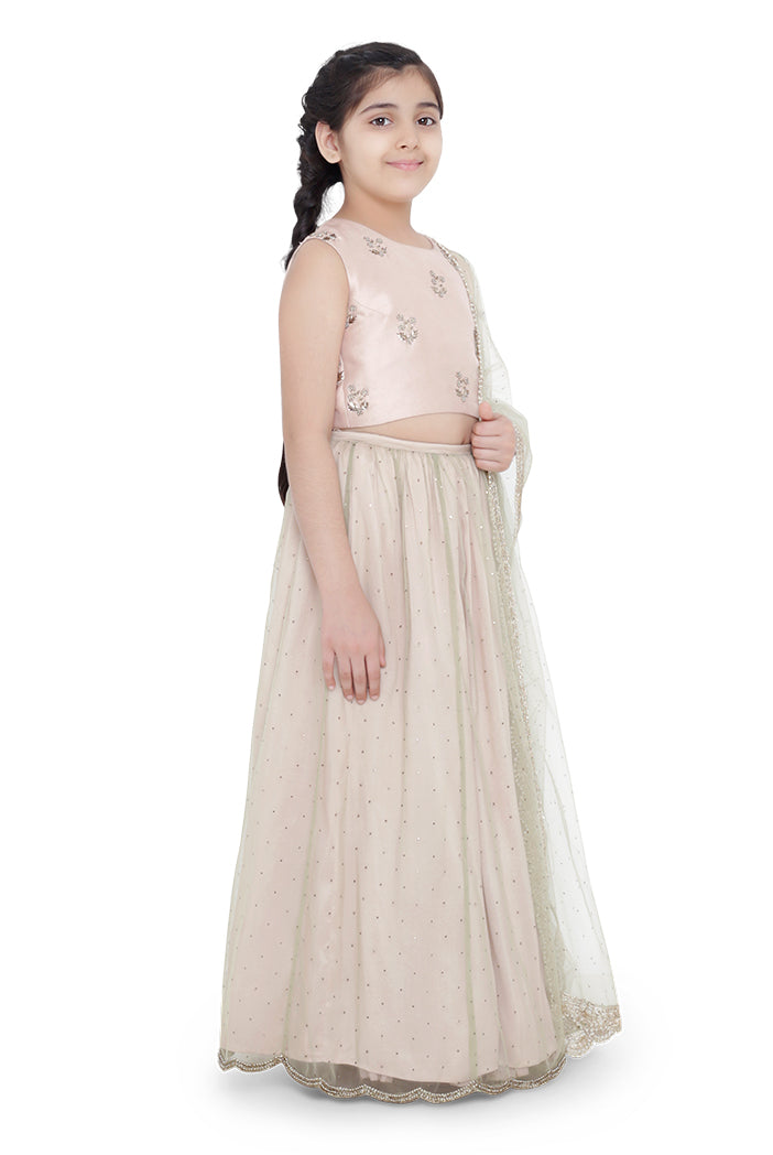 PS KIDS BLUSH COLOUR SILK EMBROIDERED CHOLI WITH BLUSH COLOUR SILK LEHENGA AND MINT COLOUR NET DUPATTA FOR GIRLS