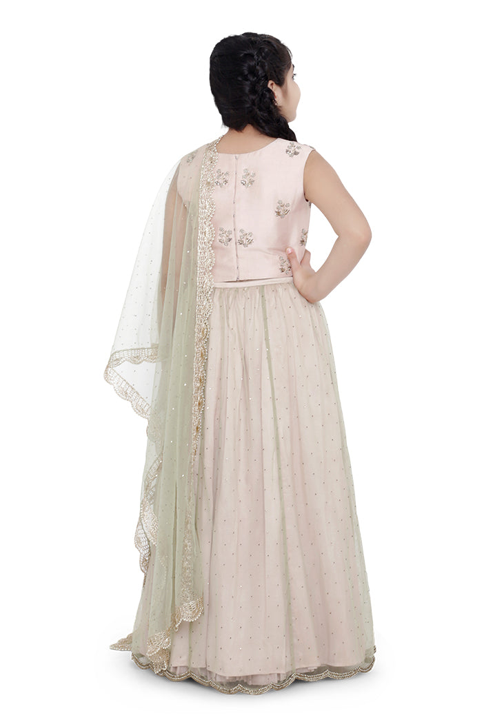 PS KIDS BLUSH COLOUR SILK EMBROIDERED CHOLI WITH BLUSH COLOUR SILK LEHENGA AND MINT COLOUR NET DUPATTA FOR GIRLS