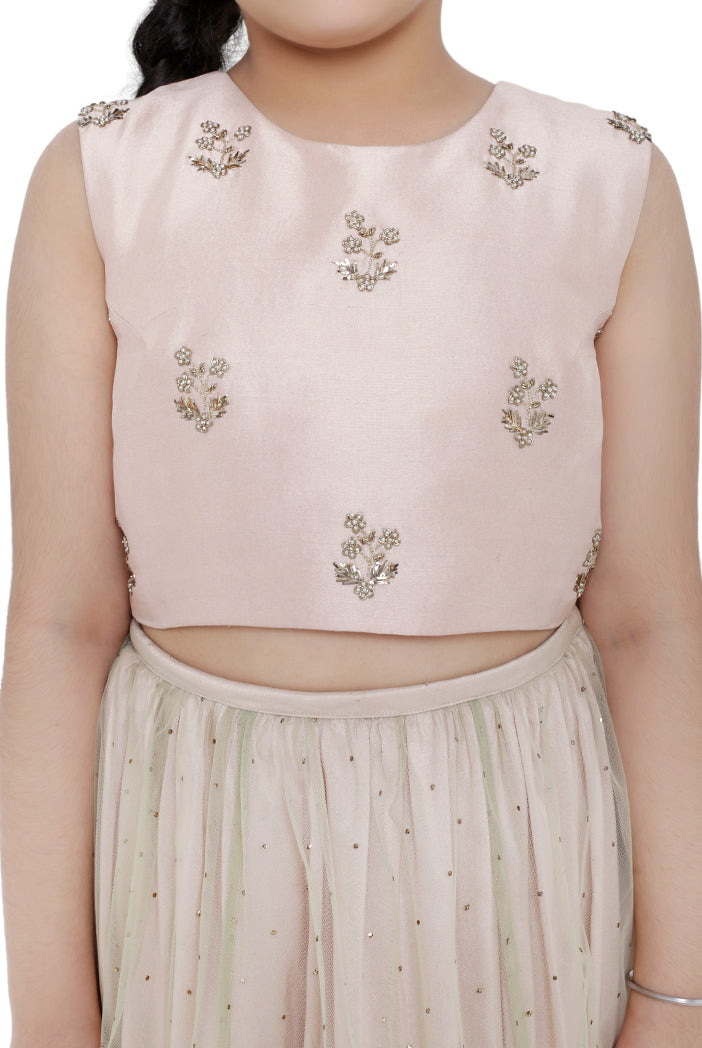 PS KIDS BLUSH COLOUR SILK EMBROIDERED CHOLI WITH BLUSH COLOUR SILK LEHENGA AND MINT COLOUR NET DUPATTA FOR GIRLS