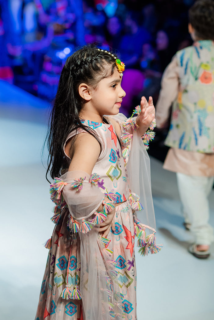 PS Kids Pink Ikat Printed Silkmul Choli and Lehenga with Net Dupatta