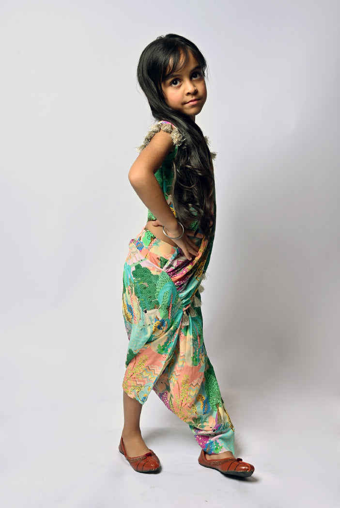 Peach Kuno Print Crepe Choli And Dhoti Saree With Tassel Detailing