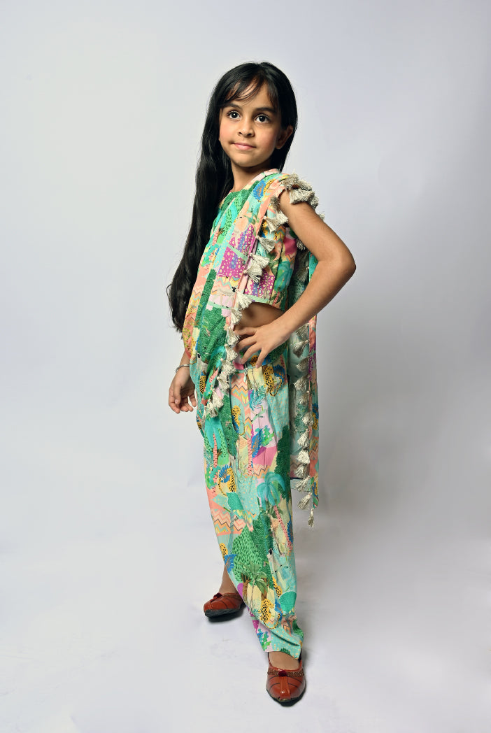 Peach Kuno Print Crepe Choli And Dhoti Saree With Tassel Detailing