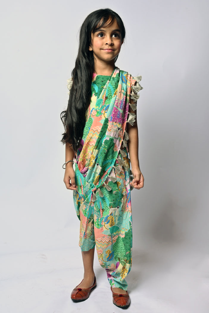 Peach Kuno Print Crepe Choli And Dhoti Saree With Tassel Detailing