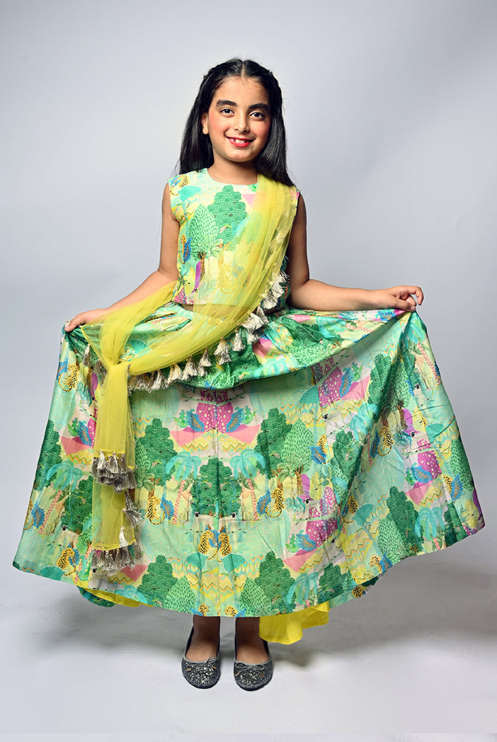 Yellow Kuno Print Silkmul Choli With Lehenga And Yellow Net Dupatta