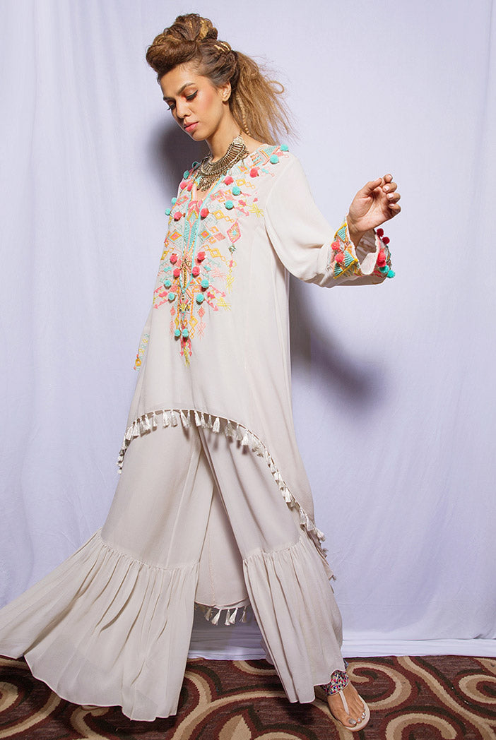Friya Chalk White Georgette Kurta with Frill Palazzo