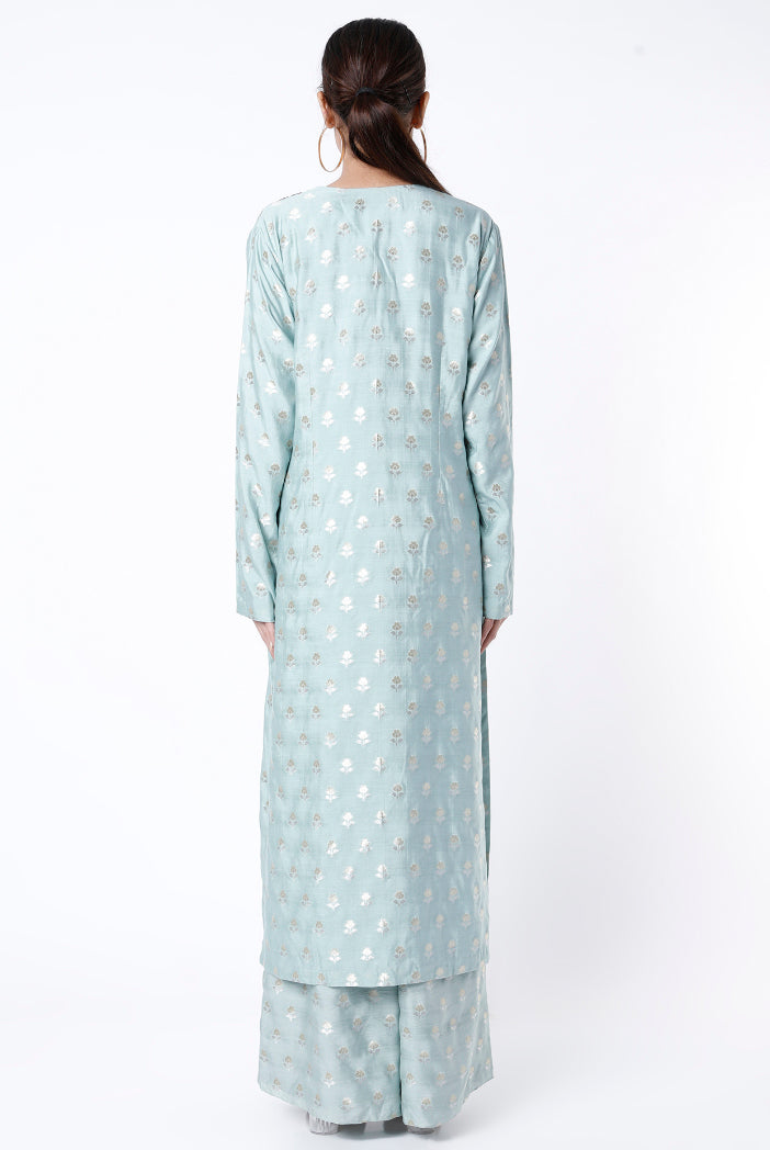 Pale Blue Embroidered Banarasi Silk Kurta With Banarasi Silk Palazzo And Net Dupatta