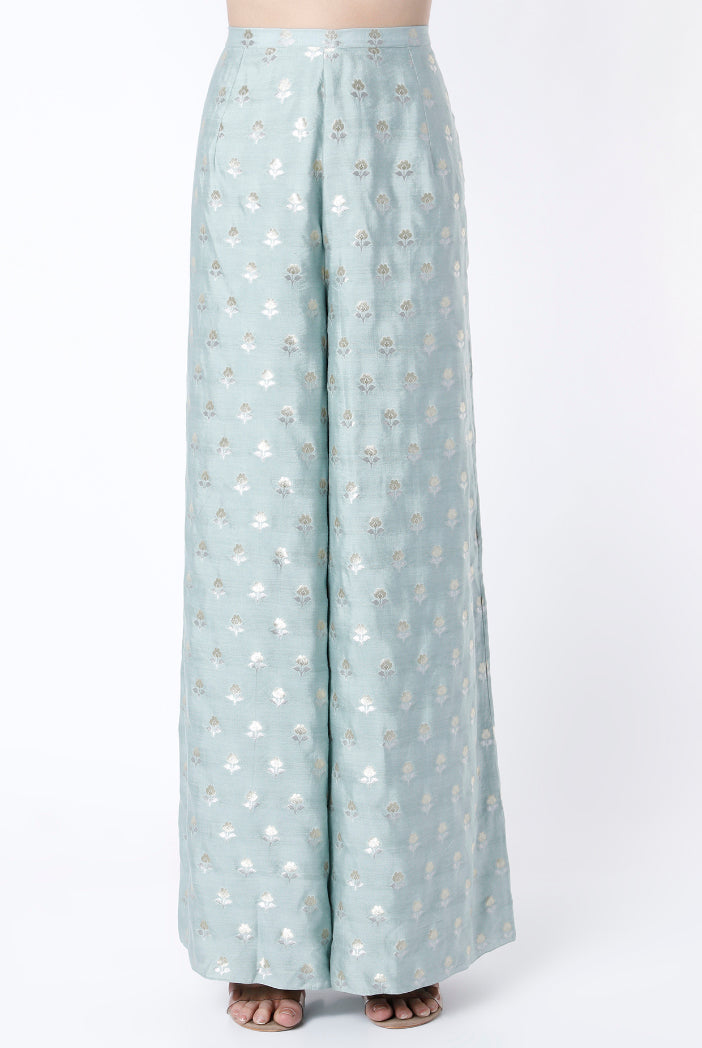 Pale Blue Embroidered Banarasi Silk Kurta With Banarasi Silk Palazzo And Net Dupatta