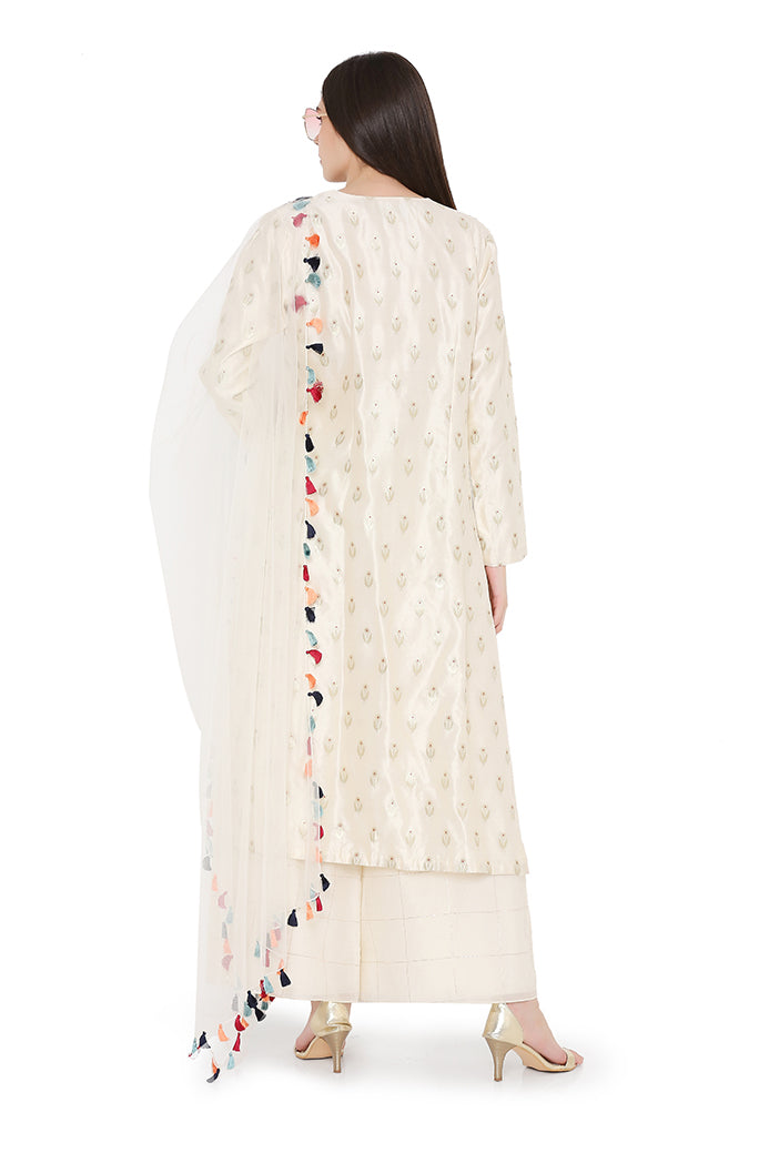 Cream Colour Benarasi Silk Kurta with Chanderi Checks Palazzo and Net Dupatta