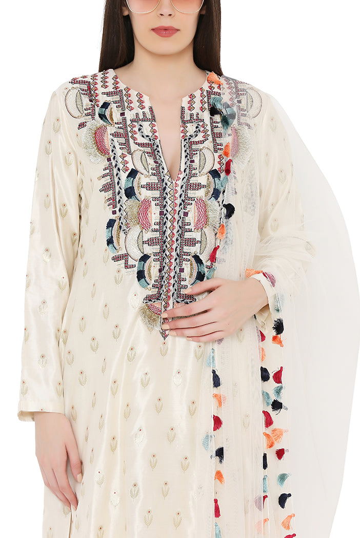 Cream Colour Benarasi Silk Kurta with Chanderi Checks Palazzo and Net Dupatta