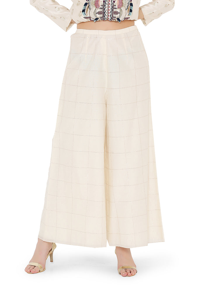 Cream Colour Benarasi Silk Kurta with Chanderi Checks Palazzo and Net Dupatta