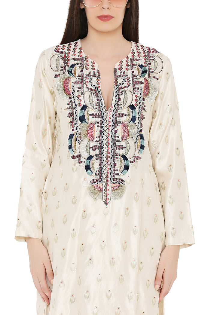 Cream Colour Benarasi Silk Kurta with Chanderi Checks Palazzo and Net Dupatta