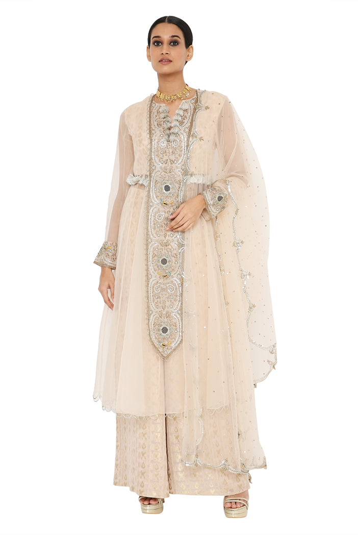 Shukraan Blush Colour Embroidered Anarkali With Pallazo And Net Embroidered Dupatta