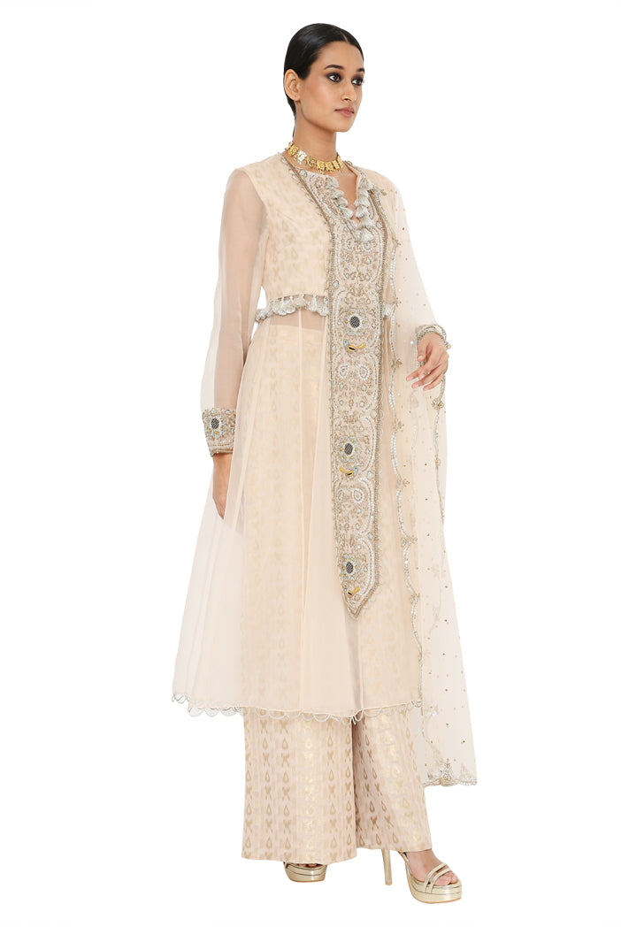 Shukraan Blush Colour Embroidered Anarkali With Pallazo And Net Embroidered Dupatta