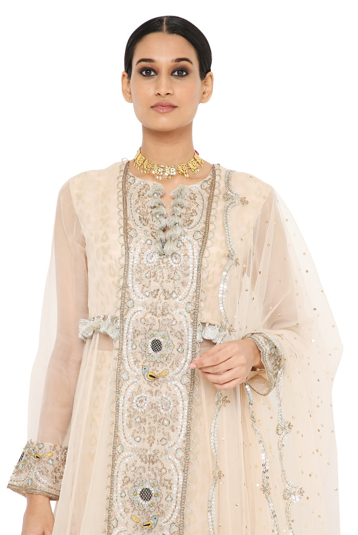 Shukraan Blush Colour Embroidered Anarkali With Pallazo And Net Embroidered Dupatta