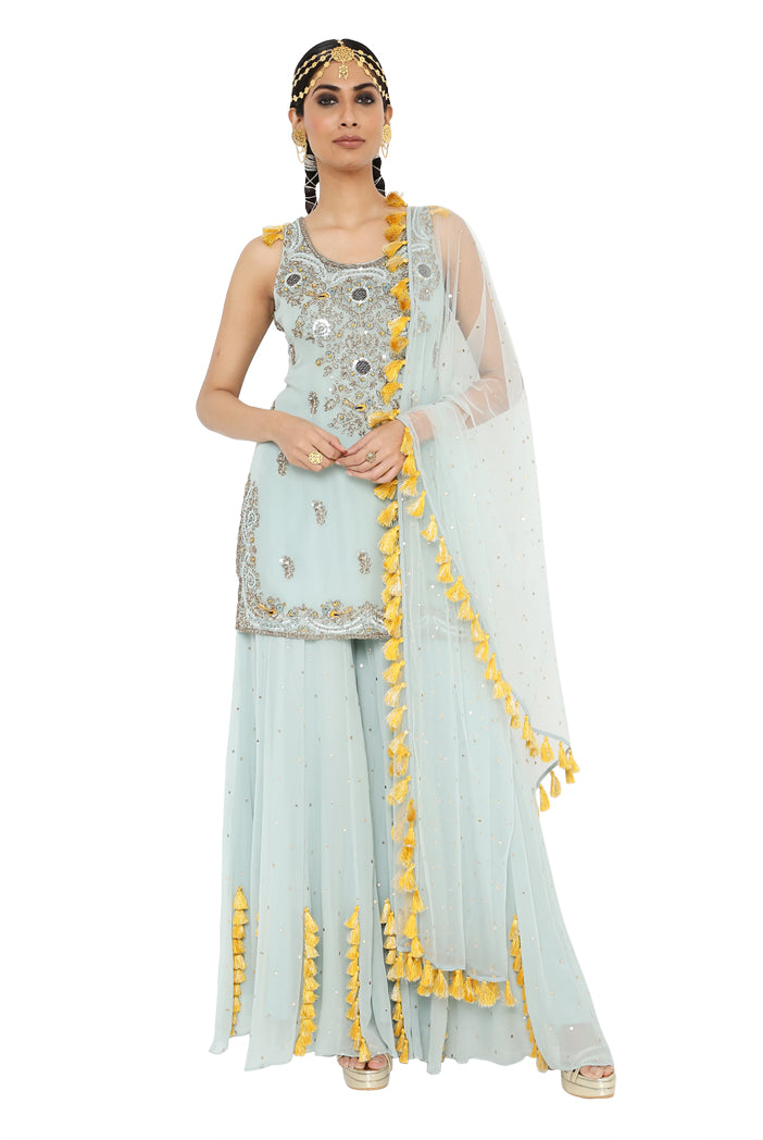 Shazya Periwinkle Blue Colour Embroidered Kurta With Sharara And Dupatta