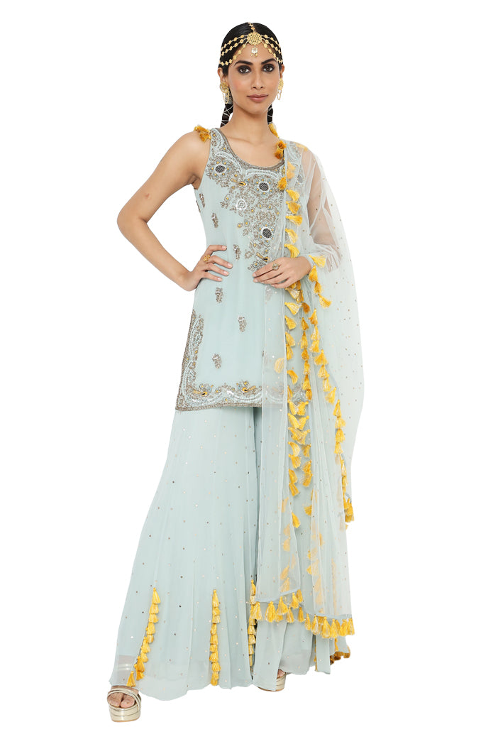 Shazya Periwinkle Blue Colour Embroidered Kurta With Sharara And Dupatta