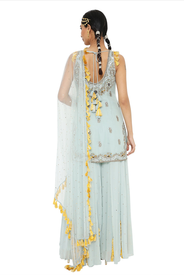 Shazya Periwinkle Blue Colour Embroidered Kurta With Sharara And Dupatta