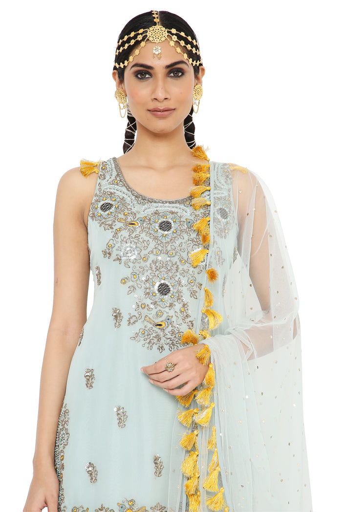 Shazya Periwinkle Blue Colour Embroidered Kurta With Sharara And Dupatta