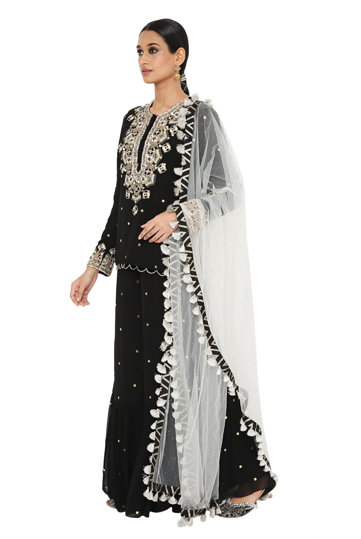 Afsani Black Colour Mukaish Short Kurta With Frill Palazzo And Mukaish Dupatta